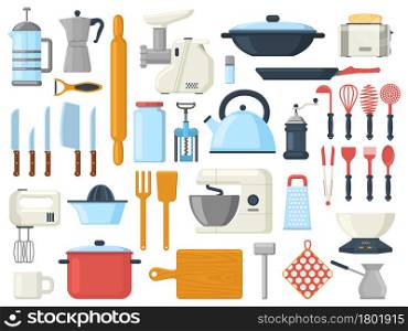 Kitchen utensils, cooking culinary serving tools, cutlery symbols. Kitchenware tools, utensils, tableware vector illustration set. Culinary tools elements collection as kettle and grinder. Kitchen utensils, cooking culinary serving tools, cutlery symbols. Kitchenware tools, utensils, tableware vector illustration set. Culinary tools elements collection