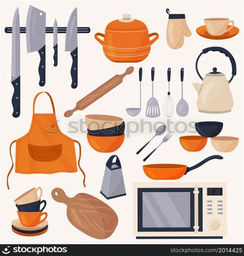 Kitchen utensils for cooking. Vector set of kitchen accessories, metal and ceramic dishes. Kitchen items, cooking equipment.