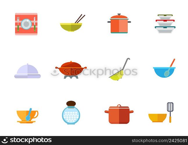 Kitchen utensils icon set. Plate With Fork And Knife Bowl With Chopsticks Saucepan Lunchboxes Set Cloche Colander Cup With Spoon Millet Jar Bowl And Whisk