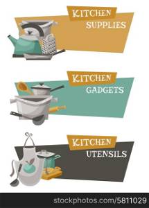 Kitchen Utensils Icons Set . Kitchen utensils icons set with gadgets supplies and titles flat isolated vector illustration