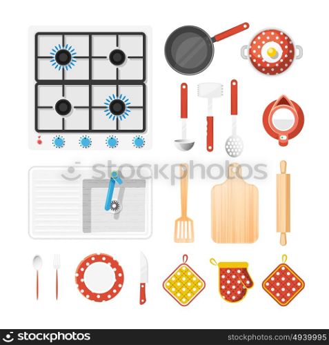 Kitchen Utensils Icons Set . Kitchen utensils top view icons set with cooker fork and knife flat isolated vector illustration