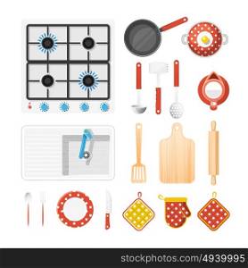Kitchen Utensils Icons Set . Kitchen utensils top view icons set with cooker fork and knife flat isolated vector illustration