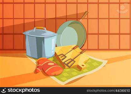 Kitchen Utensils Illustration . Kitchen utensils with saucepan chopping board and frying pan cartoon vector illustration