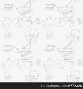 Kitchen utensils outline seamless pattern. Picture of kitchen utensils, a dark outline against a light background. Vector illustration