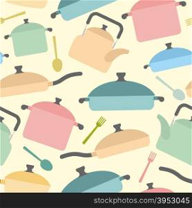 Kitchen utensils seamless pattern. Background of colored glassware. Forks and spoons, pots and pans. Vector illustration
