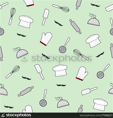 Kitchen utensils seamless pattern on green background, kitchen tools cooking equipment, vector illustration