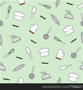 Kitchen utensils seamless pattern on green background, kitchen tools cooking equipment, vector illustration