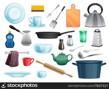 Kitchen utensils set with plate fork and knife flat isolated vector illustration