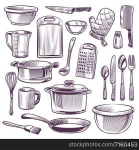 Kitchen utensils. Sketch cooking equipment. Frying pan, knife and fork, spoon and bowl, cup and glass, cutting board doodle retro vector home dinner kitchenware set. Kitchen utensils. Sketch cooking equipment. Frying pan, knife and fork, spoon and bowl, cup and glass, cutting board doodle retro vector set