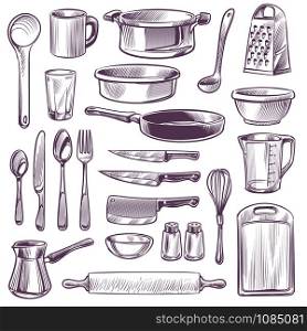 Kitchen utensils. Sketch cooking tools. Pan, knife and fork, spoon and grater, cup and glass, cutting board hand drawing vintage vector kitchenware sketched set. Kitchen utensils. Sketch cooking tools. Pan, knife and fork, spoon and grater, cup and glass, cutting board hand drawing vintage vector set