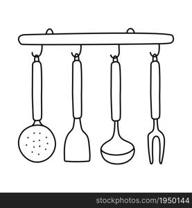 Kitchen utensils sketch. Hand drawn black and white doodle vector illustration.