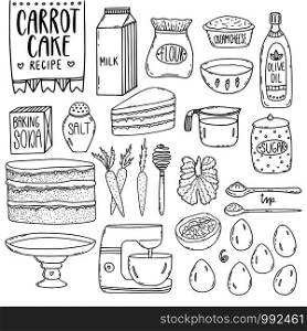 Kitchen utensils vector elements. Carrot cake recipe. Baking cooking recipe. Kitchen stuff and ingredients for menu design. Kitchen utensils vector elements. Carrot cake recipe. Baking cooking recipe. Kitchen stuff and ingredients for menu design.