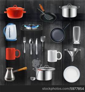 Kitchen utensils, vector set on black wooden background