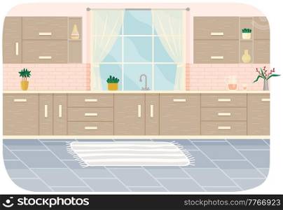 Kitchen with furniture. Cozy kitchen interior with stove, cupboard, dishes and potted plants. Flat style dining room with big window, part of apartment where food is prepared, empty cooking room. Kitchen with furniture. Cozy kitchen interior with stove, cupboard, dishes and potted plants