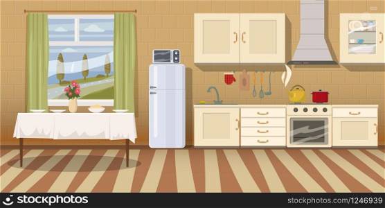 Kitchen with furniture. Cozy kitchen interior with table, stove, cupboard, dishes and fridge. Cartoon style vector illustration.. Kitchen with furniture. Cozy kitchen interior with table, stove, cupboard, dishes and fridge. Cartoon style vector illustration. Scene template for animation
