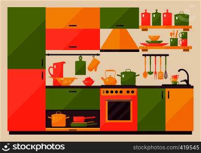 Kitchen with furniture in flat style for web and mobile devices. Kitchen with furniture