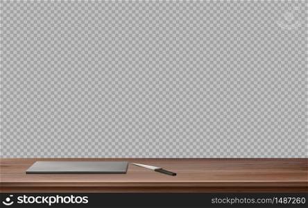 Kitchen wooden table with steel cutting board and knife. Vector realistic illustration of empty clean countertop surface with plank for cut food top view isolated on transparent background. Kitchen wooden table with cutting board and knife
