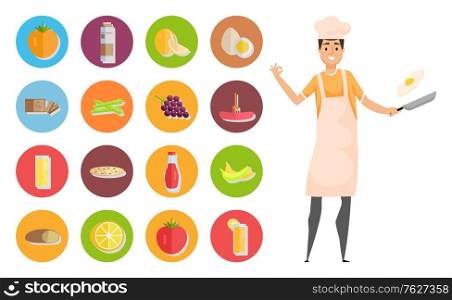 Kitchener in apron and cap holding frying pan. Round icons tomato, milk and melon, chocolate and egg, green and grape, sausage and pizza, culinary vector. Cooking Hobby, Food Icons, Kitchener Man Vector