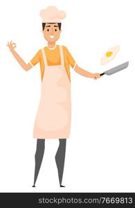 Kitchener man holding frying pan with egg, smiling male wearing cap and apron frying, portrait view of person cooking, hobby culinary, homemade vector. Hobby Culinary, Man Cooking, Frying Egg Vector