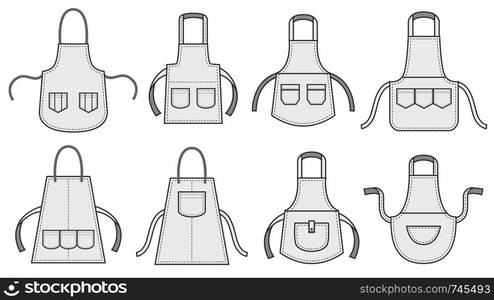 Kitchens aprons. Apron with seam patch pocket, white kitchen uniform and maid pinafore. Baker textile front cooking outfit, food chef or domestic uniform aprons. Isolated icons vector illustration set. Kitchens aprons. Apron with seam patch pocket, white kitchen uniform and maid pinafore vector illustration set