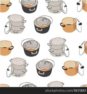 Kitchenware and saucepans for preparing food, seamless pattern. Empty containers with caps and lids, kitchen equipment for cooking. Clean appliances for home and household, vector in flat style. Saucepan for cooking and preparing food seamless pattern