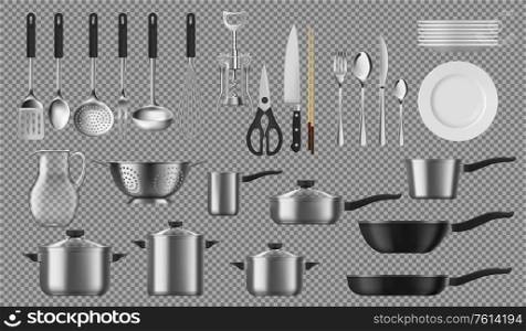 Kitchenware and tableware, dishware and crockery vector cooking set. Isolated tableware plates, cookware pots, ladle and skimmer, silver fork and spoon. Corkscrew, colander and pitcher, saucepans. Kitchenware and tableware, crockery vector