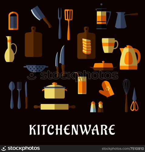 Kitchenware and utensil flat icons of pot, electric kettle, coffee and tea pot, cutting board, knives, forks, cup, glass, spoon, rolling pin, spatula, grater, whisk, jug, salt and pepper shaker, oven glove
