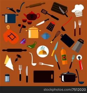 Kitchenware and utensil flat icons with pots, ladles and knives, forks, cup and tea set, tray and graters, cutting boards, rolling pins and chef hat, spatula and salt, corkscrews and oil, pizza cutter and whisks, oven glove. Kitchen utensil and cookware flat icons