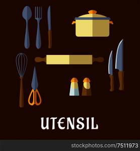 Kitchenware and utensil flat icons with spoon, fork, knife, rolling pin, pans, spices and salt. Kitchenware and utensil flat icons