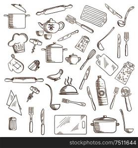 Kitchenware and utensil icons with pots, ladles and knives, forks, cup and tea set, tray and graters, cutting boards, rolling pins and chef hat, spatula and salt, corkscrews and oil, pizza cutter and whisks, oven glove. Kitchen utensil and kitchenware icons