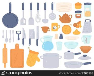 Kitchenware and utensils. Cooking baking kitchen tools. Chef cook equipment pan, bowl, kettle and pot, knives and cutlery, flat vector set. Objects for food preparation and eating collection. Kitchenware and utensils. Cooking baking kitchen tools. Chef cook equipment pan, bowl, kettle and pot, knives and cutlery, flat vector set