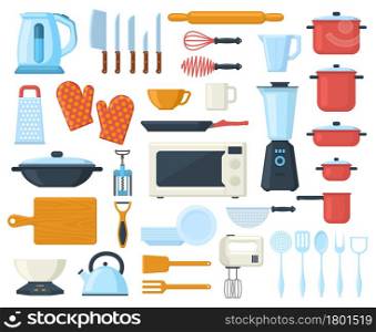 Kitchenware cooking culinary cutlery, tools, utensils elements. Tableware, kitchen tools and dishes vector illustration set. Kitchen utensils elements and appliances as kettle, mixer and microwave. Kitchenware cooking culinary cutlery, tools, utensils elements. Tableware, kitchen tools and dishes vector illustration set. Kitchen utensils elements