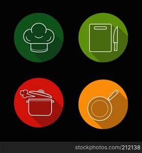 Kitchenware cooking items. Flat linear long shadow icons set. Chef's hat, cutting board with knife, steaming saucepan, frying pan. Vector line illustration. Kitchenware cooking items