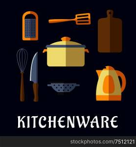 Kitchenware flat concept with cooking pot, electric kettle, knife, wooden chopping board, whisk, grater, spatula and colander on dark blue background. Kitchenware and utensil isolated flat icons