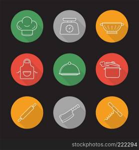 Kitchenware flat linear long shadow icons set. Chef's hat, kitchen food scales, colander, apron, covered dish, steaming stew pot, rolling pin, cleaver, corkscrew. Vector line illustration. Kitchenware flat linear long shadow icons set.