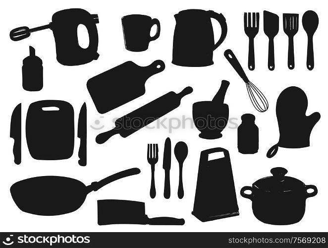 Kitchenware, kitchen utensil isolated black silhouettes. Vector cutlery and kitchen appliance, cooking pots and knives, spatula and cutting board. Electric kettle and mixer, grater and glove, pan. Kitchen utensil, appliance isolated silhouettes