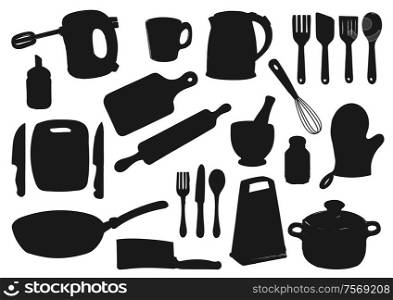 Kitchenware, kitchen utensil isolated black silhouettes. Vector cutlery and kitchen appliance, cooking pots and knives, spatula and cutting board. Electric kettle and mixer, grater and glove, pan. Kitchen utensil, appliance isolated silhouettes