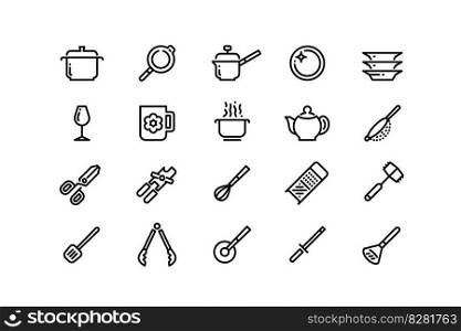 Kitchenware line icons. Clean dishes cooking pot frying pan grater colander wine glass tea pot cup sauce pan outline symbols. Vector cooking utensils set editable kitchenware for cooking illustration. Kitchenware line icons. Clean dishes cooking pot frying pan grater colander wine glass tea pot cup sauce pan outline symbols. Vector cooking utensils set editable stroke