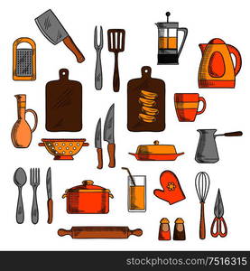 Kitchenware pot and electric kettle, coffee and tea pots, cutting board and knives, forks, cup and glass, spoon and rolling pin, spatula and grater, whisk and jug, salt and pepper shakers, oven glove. Kitchenware and kitchen utensil icons