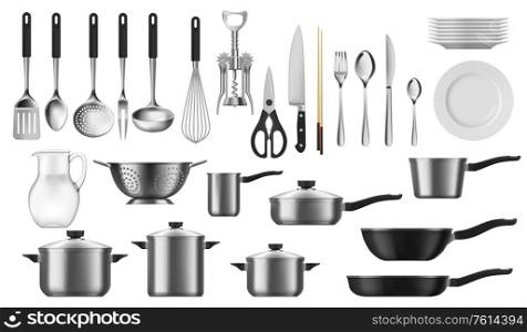 Kitchenware realistic set of vector kitchen utensils, cutlery and tools. Cooking pot, spoon, knife and fork, plate, spatula and whisk, frying pan, saucepan, ladle and colander, jug, corkscrew objects. Kitchenware set, kitchen utensils and cutlery