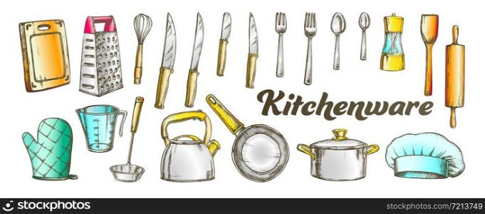 Kitchenware Utensils Collection Color Set Vector. Spoons And Forks, Chef Hat And Scapula, Rolling Pin And Teapot Kitchenware. Engraving Template Hand Drawn In Vintage Style Illustrations. Kitchenware Utensils Collection Color Set Vector