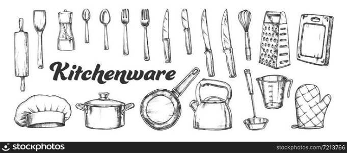 Kitchenware Utensils Collection Ink Set Vector. Spoons And Forks, Chef Hat And Scapula, Rolling Pin And Teapot Kitchenware. Engraving Template Hand Drawn In Vintage Style Black And White Illustrations. Kitchenware Utensils Collection Ink Set Vector