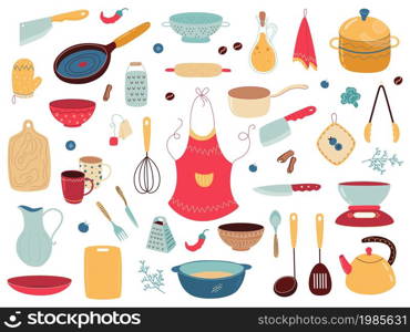 Kitchenware utensils. Cooking supplies and accessories, cutting boards, pots and pans, ceramic plates and steel knives, apron. Home and cafe equipment food preparation vector cartoon flat isolated set. Kitchenware utensils. Cooking supplies and accessories, cutting boards, pots and pans, ceramic plates and steel knives, apron. Home and cafe equipment, vector cartoon flat isolated set