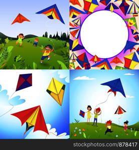 Kite banner set. Cartoon illustration of kite vector banner set for web design. Kite banner set, cartoon style