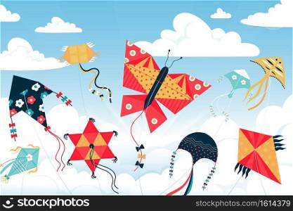 Kite in sky. Cartoon children wind toys of various shapes and colors in summer heaven. Paper objects with curly tails flying among clouds. Traditional holiday, festive event, vector illustration. Kite in sky. Children wind toys of various shapes and colors in summer heaven. Paper objects with curly tails flying among clouds. Traditional festive holidays, vector illustration