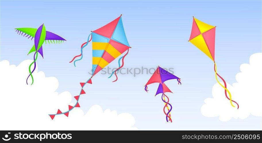 Kite in sky. Cartoon kites flying in clouds, happy festival banner. Summer outdoor play, kids colorful toys fly in wind. Seasonal neat vector background. Illustration of fun activity with kite. Kite in sky. Cartoon kites flying in clouds, happy festival banner. Summer outdoor play, kids colorful toys fly in wind. Seasonal neat vector background