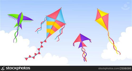 Kite in sky. Cartoon kites flying in clouds, happy festival banner. Summer outdoor play, kids colorful toys fly in wind. Seasonal neat vector background. Illustration of fun activity with kite. Kite in sky. Cartoon kites flying in clouds, happy festival banner. Summer outdoor play, kids colorful toys fly in wind. Seasonal neat vector background
