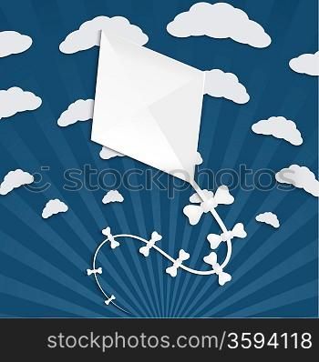 Kite on a blue background with clouds and rays