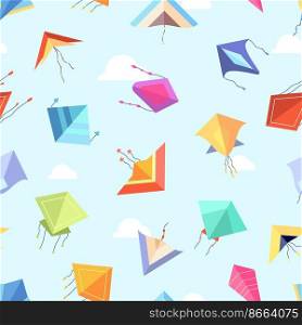 Kite seamless pattern. Flat color kites flying in sky between clouds. Bright cloth fabric print design, decorative vector texture. Illustration of background kite pattern. Kite seamless pattern. Flat color kites flying in sky between clouds. Bright cloth fabric print design, decorative vector texture