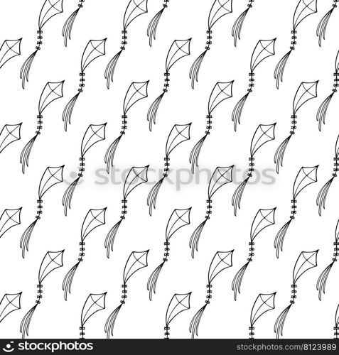 Kite vector seamless pattern doodle, hand drawn, minimalistic, monochrome. Black and white background. Kite vector seamless pattern doodle, hand drawn, minimalistic, monochrome. Black and white